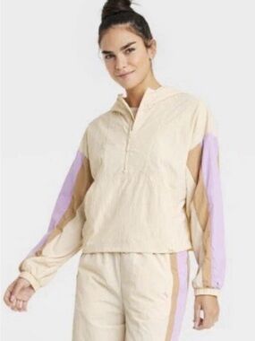 JoyLab Cream Hoodie with Lavender & Tan Stripe Details